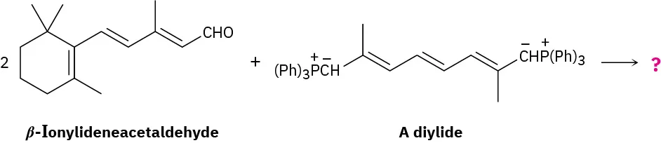 Two moles of beta-ionylideneacetaldehyde reacts with a diylide to form unknown product represented by a question mark.
