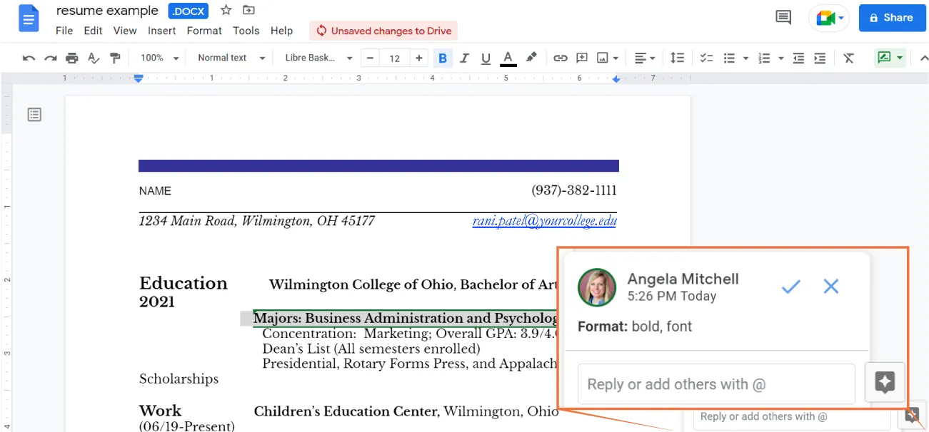A phrase is highlighted in document. A box displays suggestion to Format: bold, font. A checkmark to accept or X to reject the suggestion and time and date are visible in box.