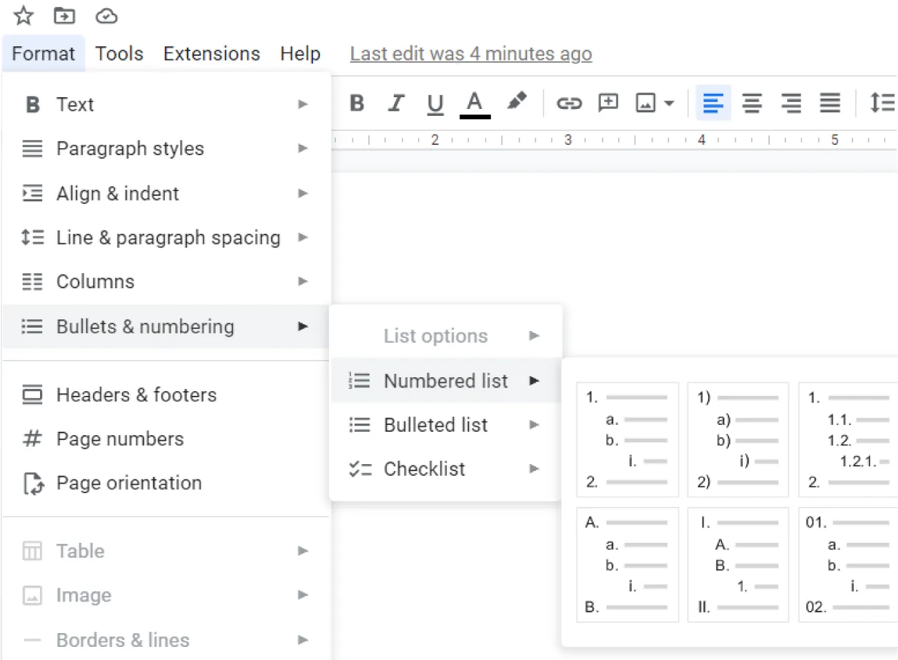 Format tab opens to option for Bullets & numbering, which opens to options for List options, Numbered list, Bulleted list, and Checklist. Numbered list is selected and displays six options for selection.