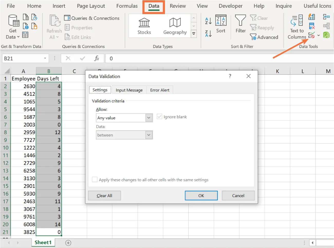 Data Validation is selected from Data Tools command group in Data tab. Pane with Settings tabs selected. Validation criteria selected: Allow: Any value, and Data: between. Column B is selected in spreadsheet.