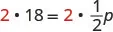 A mathematical equation showing the step of multiplying both sides by 2: '2 times 18 equals 2 times one-half p'. The number 2 is highlighted in red on both sides.