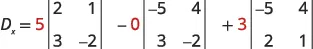 Cálculo del determinante D_x utilizando la expansión por cofactores, mostrando la suma algebraica de productos de elementos y subdeterminantes.