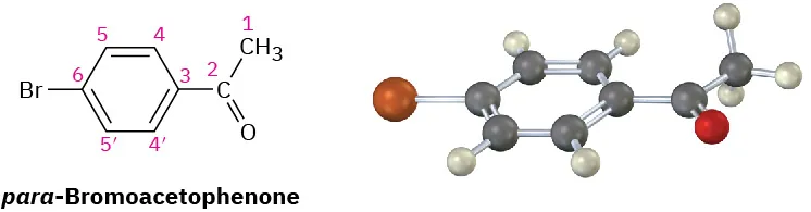 The structure and ball-and-stick model of para-bromoacetophenone. The carbon atoms in the structure are labeled from right to left with methyl as C 1.