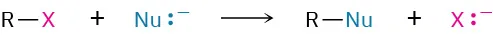 A nucleophilic substitution reaction, where an alkyl halide reacts with a nucleophile. Nucleophile replaces X yielding product and X minus.