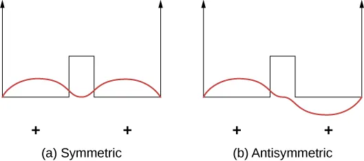 The two figures, both have two similar arrows pointing up. Their bases are connected by a horizontal line with the peak of a square pulse in the centre. Both figures have a wave bounded by the arrows. Figure a, labeled symmetric, has a wave with two crests. Its trough is along the line connecting the arrows. The wave does not go below the line. Figure b, labeled antisymmetric, has a wave crest above the line on the left and a trough below the line on the right.