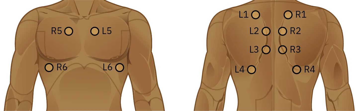 A diagram of the front and back of a person's chest, with the correct sequence for auscultation shown. Starting on the top of the back, start on the left side and then move to the right side. The sequence moves down the back, following the curve of the shoulder blade in four different places, continuing to switch between left and right. From there, the sequence continues on the front of the chest, starting at the top near the heart and then moving to the bottom of the lungs. In all, there are 12 steps in the sequence: 8 on the back, 4 on each side, and 4 on the front, 2 on each side.