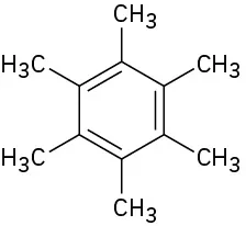 A chemical structure of hexamethylbenzene.