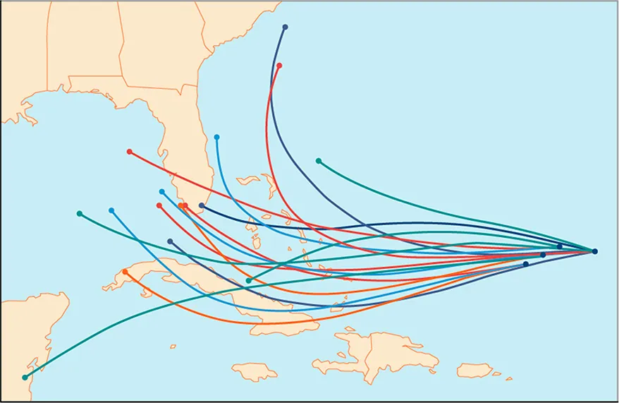 Mapa de espaguetis de las posibles trayectorias de un huracán sobre el sureste de Estados Unidos
