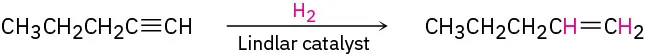 Pent-1-yne reacts with hydrogen in the presence of Lindlar catalyst to form pent-1-ene.