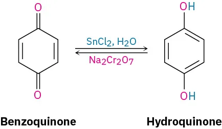 A reversible reaction in which benzoquinone reacts with tin(2) chloride, water, and sodium dichromate to form hydroquinone.