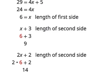 Algebraic problem solution: solving 29 = 4x + 5 for x, then calculating side lengths x+3 and 2x+2 by substituting the value of x.