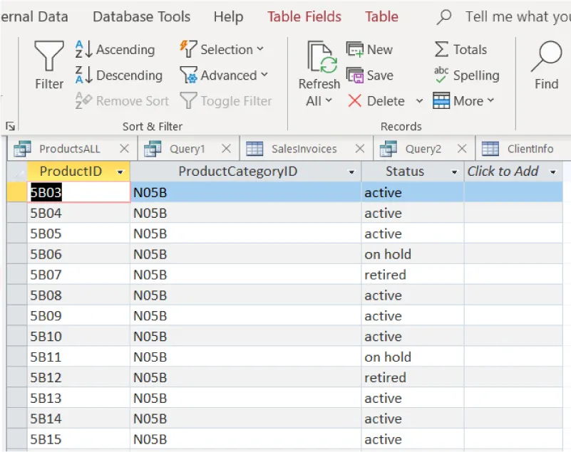 Table displays columns for ProductID (number/letter combinations), ProductCategoryID (N05B listed in the entire column), Status (with active, on hold, and retired listed as options), and Click to Add (all blank cells).
