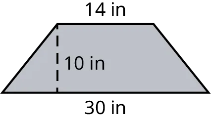 A trapezoid with its top and bottom bases marked 14 inches and 30 inches. The height is marked 10 inches.