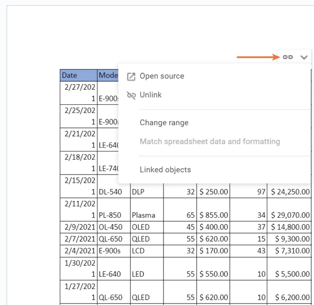 In a window, a link icon is indicated. Options include: Open source, Unlink, Change range, Match spreadsheet data and formatting, and Linked objects.