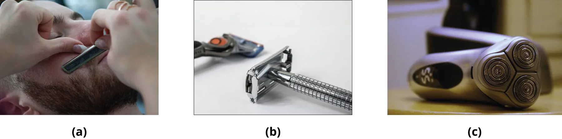 (a) Photo of someone being shaved with a straight razor. (b) Photo of two different safety razors. (c) Photo of an electric razor.