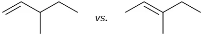 Structures of 3-methyl-1-pentene and E-3-methyl-2-pentene.