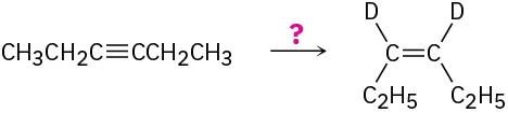 A C6 alkyne reacts in the presence of an unknown reagent denoted as a question mark to form a cis-deuterated alkene.