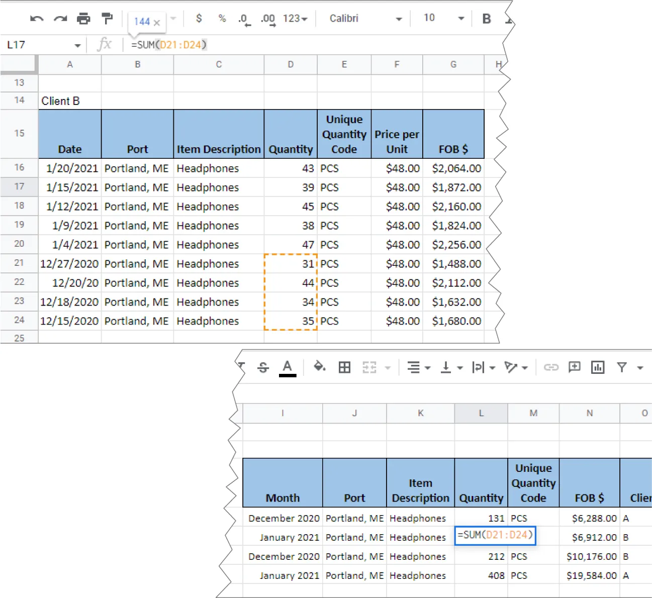 Cells D21, D22, D23, and D24 are selected in a group. The formula bar and a cell in column L says '=SUM(D21:D24)'