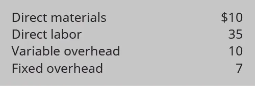 Direct material $10, Direct labor $35, Variable overhead $20, Fixed overhead $7.