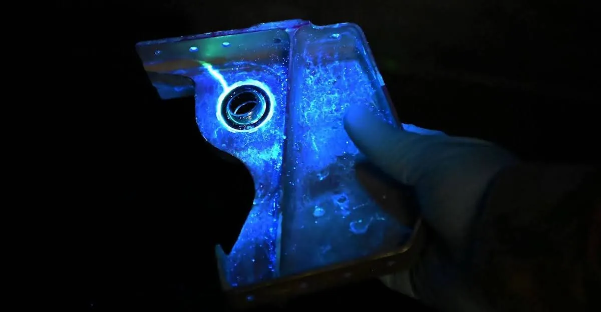 A metal part with clear chemical treatment is lit by an ultraviolet light, displaying a bright, irregular line that is evidence of a crack.