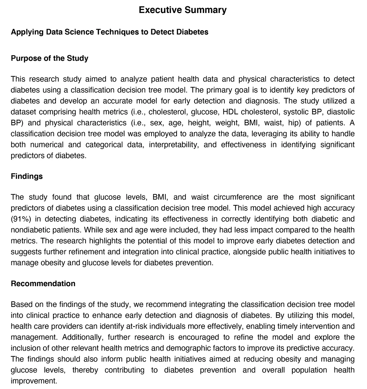 A document titled “executive summary” with a subhead of “applying data science techniques to detect diabetes.” Additional section headings read “purposes of the study,” “findings,” and “recommendation.”