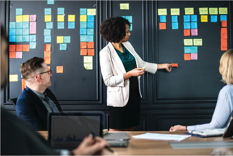 Photo of a woman placing notes on a board while colleagues look on.