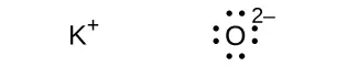 Se muestran dos estructuras de Lewis. La izquierda muestra el símbolo K con un signo positivo en superíndice, mientras que la derecha muestra el símbolo O rodeado de ocho puntos y un signo negativo en superíndice.