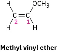 The structure of methyl vinyl ether shows C1 bonded to a methoxy group and a hydrogen atom. C2 is bonded to two hydrogen atoms.