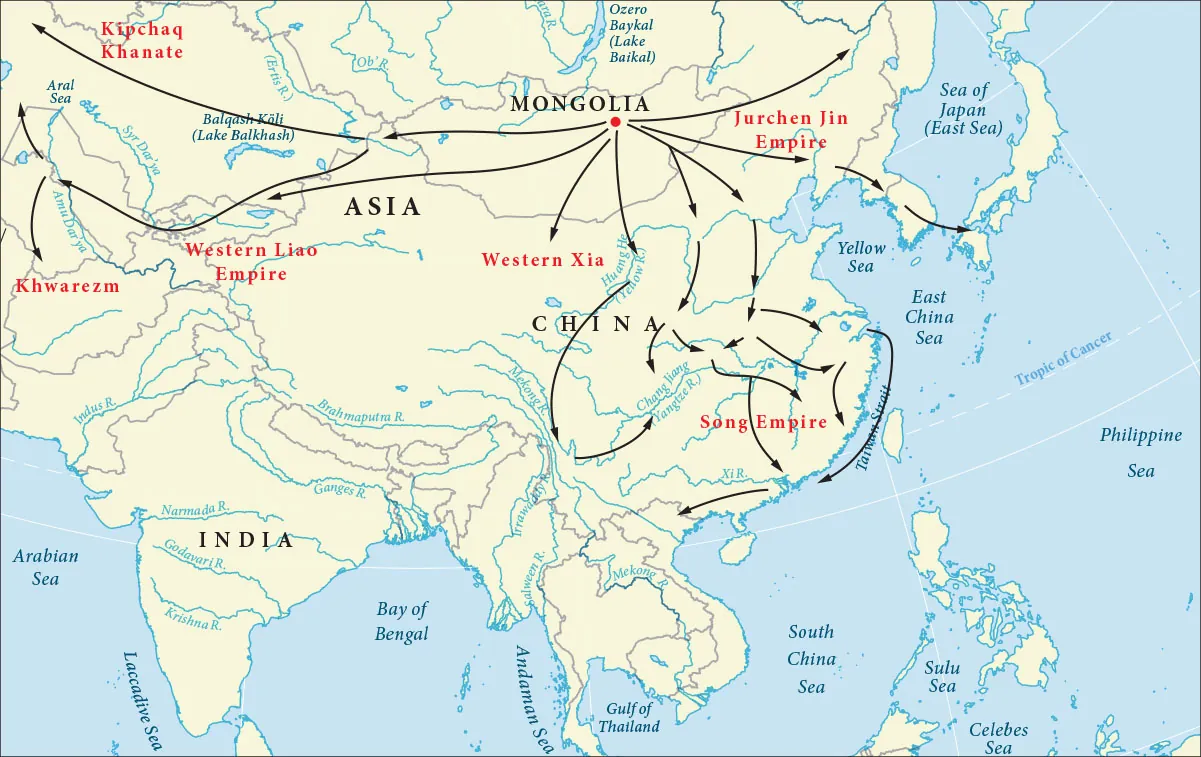 A map of Asia is shown. In the southwest, the Arabian Sea and the Laccadive Sea are labelled. In the south, the Bay of Bengal, the Andaman Sea, the Gulf of Thailand, and the South China Sea are labelled. In the southeast, the Sulu Sea, the Celebes Sea, and the Philippine Sea are labelled. In the northeast, the Taiwan Strait, the East China Sea, the Yellow Sea, and the Sea of Japan (East Sea) are labelled. Many rivers are also labelled throughout the map. In the north, the Ozero Baykal (Lake Baikal) is labelled. India is labelled in the southwest, Mongolia is labelled in the north, and China is labelled in the east. In northwest Asia, an area is labelled “Kipchaq Khanate,” north of the Aral Sea and the Balqash Koli (Lake Balkhash). In the west, two areas are labelled “Khwarezm” and “Western Liao Empire.” In northern China, an area is labelled “Western Xia” and in southeastern China an area is labelled “Song Empire” by the Taiwan Strait. In eastern Mongolia, an area is labelled “Jurchen Jin” west of the Sea of Japan. From a red dot in Mongolia, seven black arrows head in various directions throughout Asia. Two head west – one toward the Western Liao Empire and the other one splitting into two – one northwest to the Kipchaq Khanate and one to the Western Liao Empire and then splitting into a north and south arrow, the south heading toward Khwarezm. Three arrows head south toward China, and crisscross throughout the Song Empire, as well as one going through the Taiwan Strait. The last two arrows head east, then one heads northeast and the other through the Jurchen Jin Empire and into the island east of the Sea of Japan.