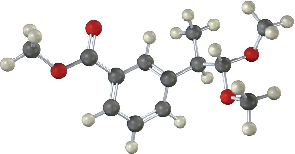 A ball-and-stick model of an acetal. It has benzene with C1 linked to acetate, C3 to methine chain with a methyl group, and two methoxide groups.