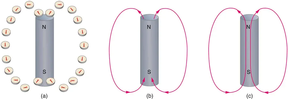 Three diagrams illustrating magnetic field lines. Figure a shows a bar magnet with a number of compasses arranged along the magnet on either side. The needles of the compasses at the north pole of the magnet point away from the pole. The needles of the compasses at the south pole of the magnet point toward the pole. The needles of compasses in between the two poles point parallel to the magnet, toward the south pole. Figure b shows lines running from the north pole out and around to the south pole. Figure c shows lines as closed loops running from the north pole outside the magnet and around the south pole, and then up through the magnet to the north pole.