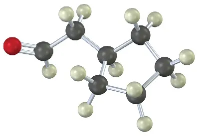 A ball and stick model of a cyclopentyl aldehyde. Carbon, hydrogen, and carbonyl group are indicated as grey, white, and red spheres, respectively.