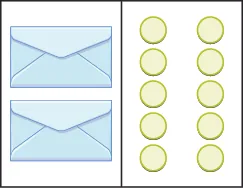 Two light blue envelopes are paired with ten light yellow circles arranged in two columns of five on a white background.