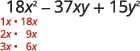 Steps to factor the trinomial 18x^2 - 37xy + 15y^2 are shown, with initial factor pairs for the 18x^2 term listed as 1x*18x, 2x*9x, and 3x*6x.
