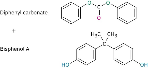 The structure of diphenyl carbonate comprises of a central carbonyl group attached to two oxygen atom. Each of the oxygen atoms is also attached to a benzene ring. The structure of bisphenol A comprises of a central carbon atom attached to two methyl groups and two benzene rings bearing hydroxyl groups in the 4 position.