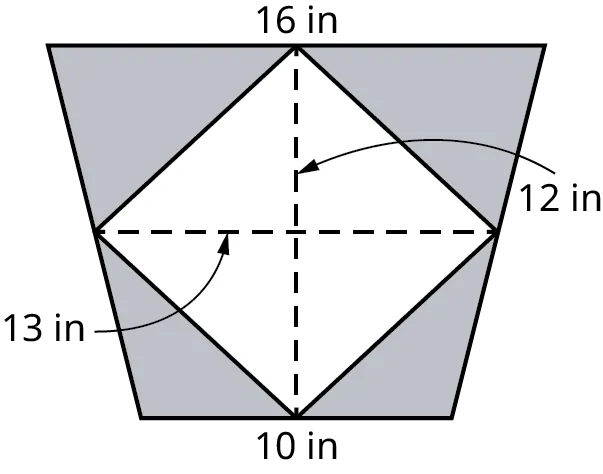 A rhombus is inscribed in a trapezoid. The top and bottom bases of the trapezoid measure 16 inches and 10 inches. The diagonals of the rhombus measure 13 inches and 12 inches.