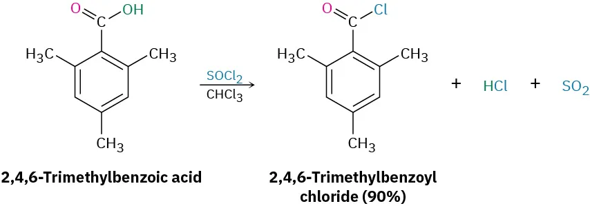 2, 4, 6-Trimethylbenzoic acid reacts with thionyl chloride in chloroform (trichloromethane) forming 2, 4, 6-trimethylbenzolchloride (ninety percent), H C l, and sulfur dioxide.