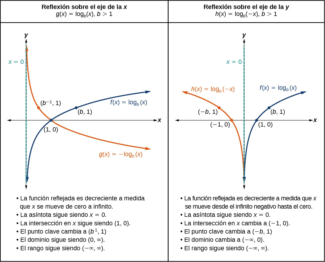 Gráfico de dos funciones. La función matriz es f(x)=log_b(x), con asíntota en x=0 y g(x)=-log_b(x) cuando b>1 es la función de traslación con asíntota en x=0. En el gráfico se observa la intersección de las dos líneas en (1, 0). Esto muestra la traslación de una reflexión alrededor del eje x.