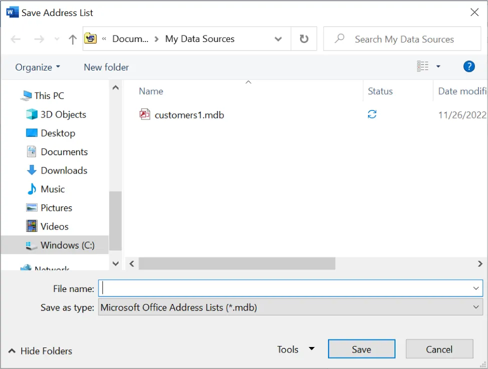 Windows (C:) drive is selected in a Save Address List window. A .pdf file titled customers1.mdb is visible. Save as type: Microsoft Office Address Lists (*.mdb) displays at the bottom