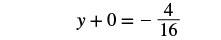 A mathematical equation shows 'y + 0 = -4/16' centered on a white background, representing a simplified algebraic expression where y is equal to -1/4.