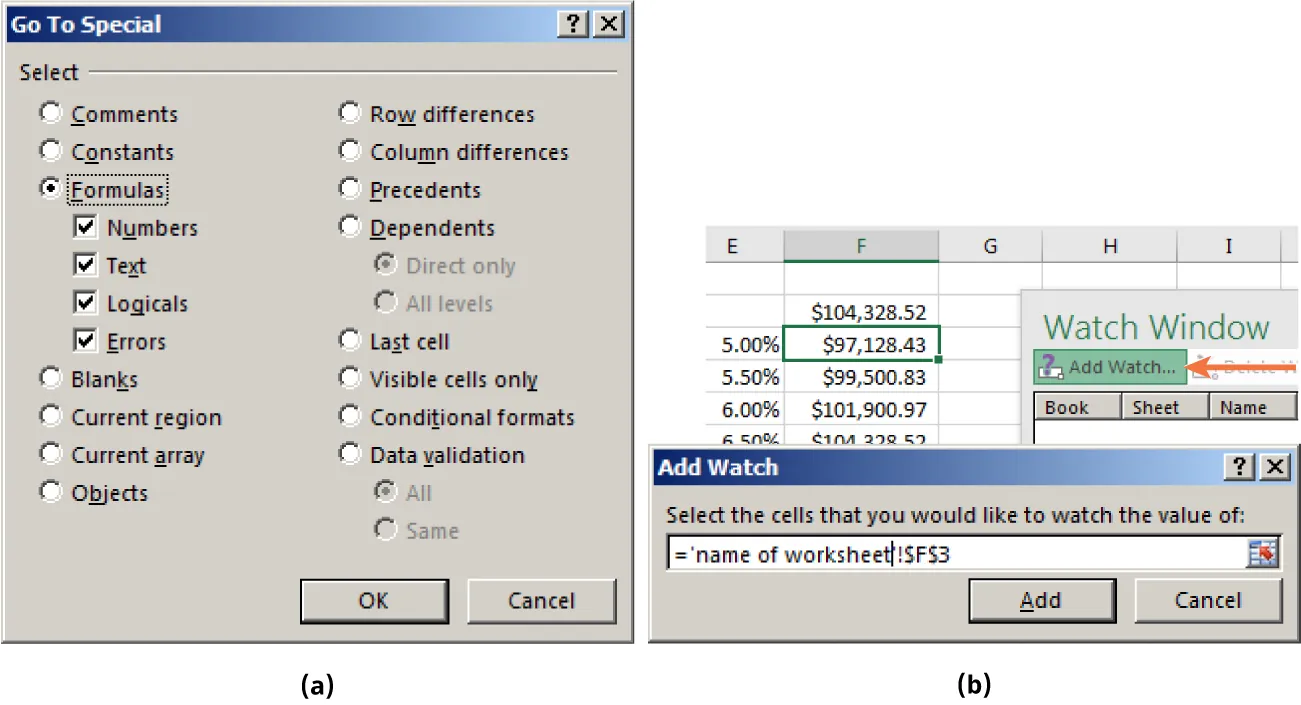 (a) Formulas (Numbers, Text, Logicals, Errors) selected in Go To Special pane. (b) Select the cells that you would like to watch value of: =’name of worksheet’!$F$3 displays in Add Watch pane.