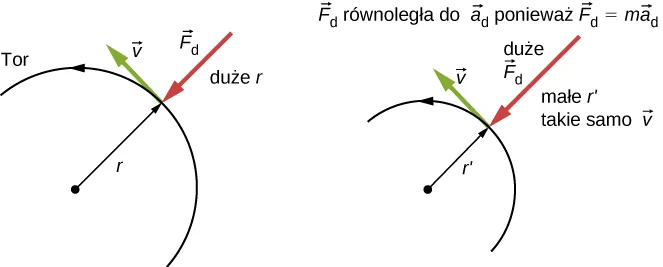 Na rysunku przedstawiono dwa półokręgi będące fragmentem toru ruchu punktu materialnego. Półokrąg po lewej ma promień r, który jest większy od promienia r' w półokręgu przedstawionym po prawej stronie. W obu przypadkach ruch odbywa się w kierunku przeciwnym do ruchu wskazówek zegara. Promień krzywizny r jest przedstawiony jako strzałka z początkiem w środku półokręgu i z końcem w miejscu położenia punktu materialnego. Wektor siły dośrodkowej F sub d przyłożony jest do punktu materialnego, skierowany wzdłuż, ale przeciwnie do promienia. Wektor prędkości v jest styczny do toru i tym samym prostopadły do siły dośrodkowej. W obu przypadkach wektor prędkości jest taki sam, natomiast promień krzywizny r' jest mniejszy od r. Mniejszy promień krzywizny jest związany z większą siłą dośrodkową. Ponadto na rysunku zaznaczono, że wektor siły dośrodkowej F sub d jest równoległy do wektora przyspieszenia dośrodkowego a sub d.