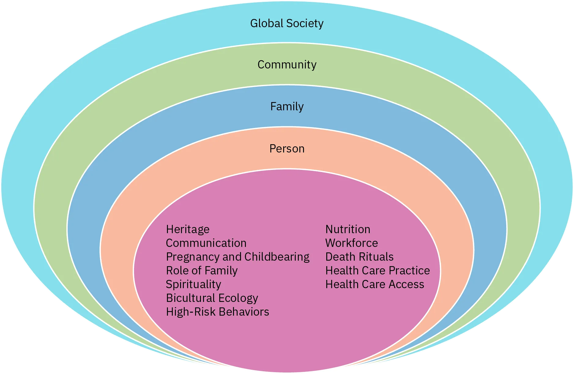 The Purnell Model for cultural competence is represented by 5 ovals nested inside one another. The innermost oval contains the 12 domains: heritage, communication, pregnancy and childbearing, role of family, spirituality, bicultural ecology, high risk behaviors, nutrition, workforce, death ritual, healthcare practice, and healthcare access. Moving out from this oval, the other ovals are labelled Person, Family, Community, and Global Society.