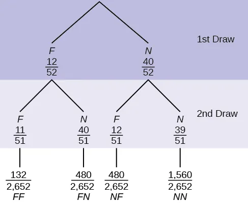 This is a tree diagram with branches showing frequencies of each draw. The first branch shows 2 lines: F 12/52 and N 40/52. The second branch has a set of 2 lines (F 11/52 and N 40/51) for each line of the first branch. Multiply along each line to find FF 121/2652, FN 480/2652, NF 480/2652, and NN 1560/2652.