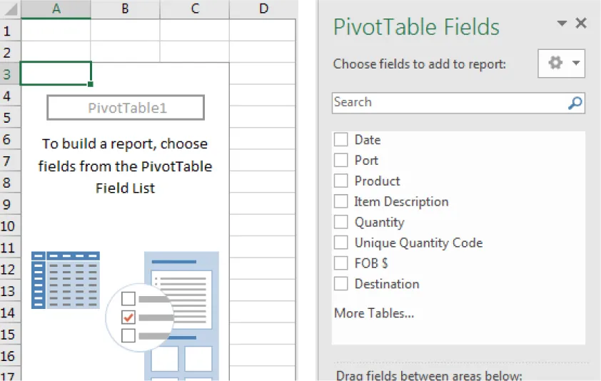 PivotTable Field sidebar displays options for Choose fields to add to report. Cell A3 is highlighted and a PivotTable pane reads: To build a report, choose fields from the PivotTable Field List.