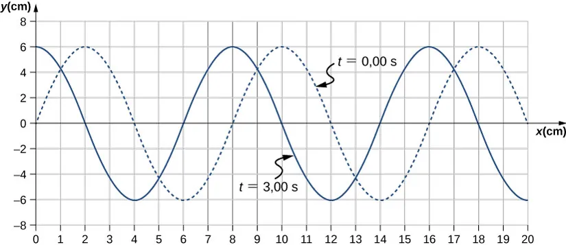Rysunek pokazuje dwie fale poprzeczne, których wartości y zmieniają się między -6 cm a 6 cm. Jedna fala, oznaczona jako t=0 s i jest narysowana linią przerywaną. Posiada ona grzbiety dla x równych 2, 10 and 18 cm. Druga fala, oznaczona jako t=3 s i jest narysowana linią ciągłą. Posiada grzbiety dla x równych 0, 8 and 16 cm.
