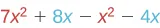 A mathematical expression: 7x^2 + 8x - x^2 - 4x. Terms with x^2 are red, and terms with x are blue. The expression simplifies to 6x^2 + 4x.