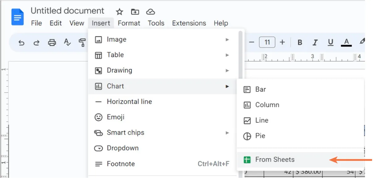 Chart is selected from Insert tab. Opens to options for Bar, Column, Line, Pie, and From Sheets (selected).