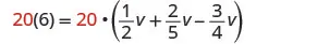 A mathematical equation shows '20(6) = 20 * (1/2 v + 2/5 v - 3/4 v)' with the number 20 highlighted in red on both sides of the equals sign.