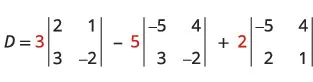 The image shows the expansion of a 3x3 determinant D, expressed as the sum of three terms. Each term consists of a scalar (3, -5, and 2 respectively) multiplied by a 2x2 sub-determinant.